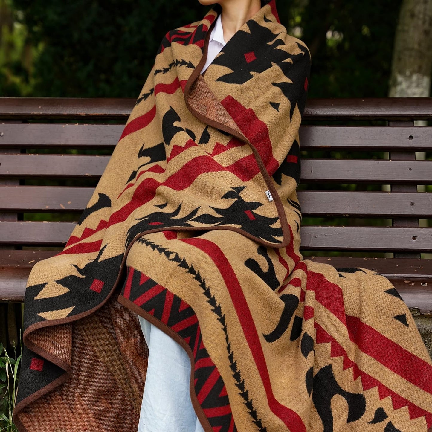 Merino Wool Blanket - Warm, Thick, Washable, 87" X 63" Large Throw for Outdoors, Camping,Couch, Bed, Travel - Super Soft Wool Blanket (Striped Fire Light Tan)