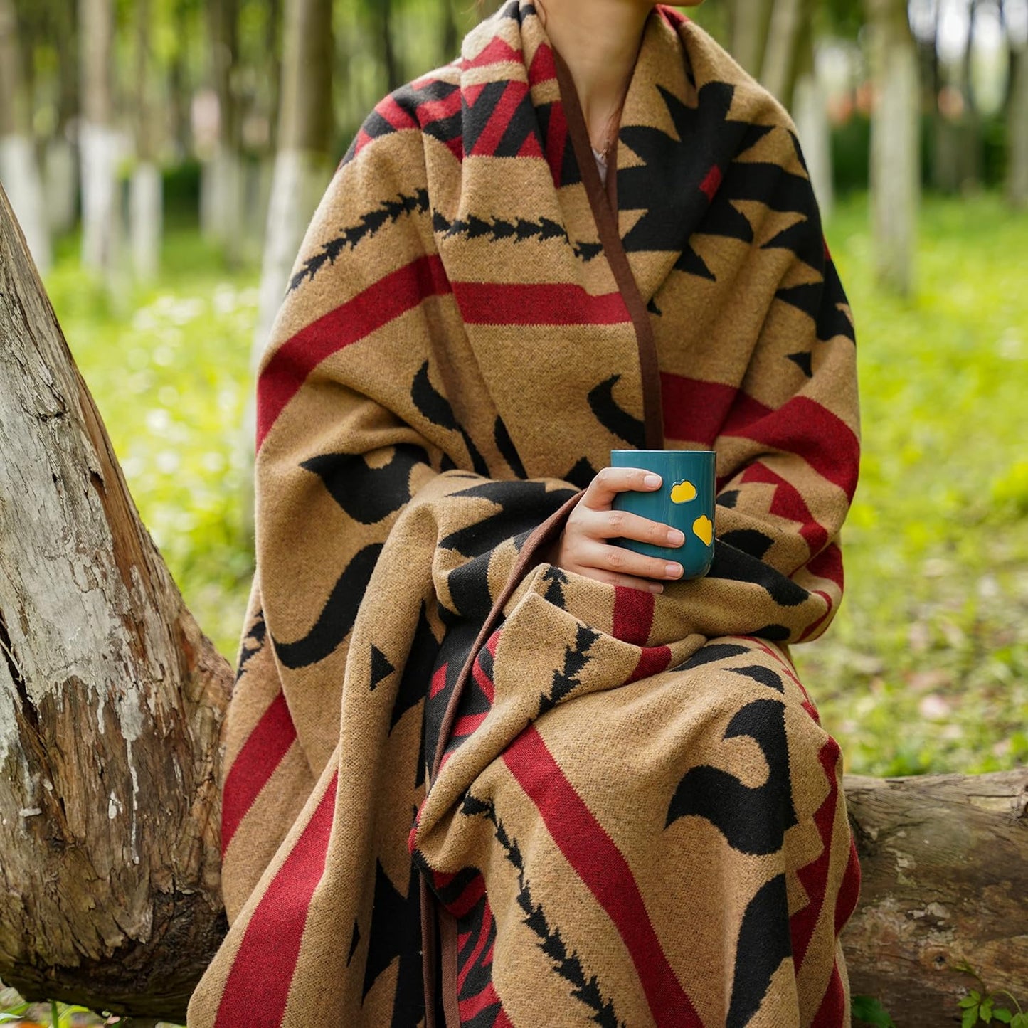 Merino Wool Blanket - Warm, Thick, Washable, 87" X 63" Large Throw for Outdoors, Camping,Couch, Bed, Travel - Super Soft Wool Blanket (Striped Fire Light Tan)