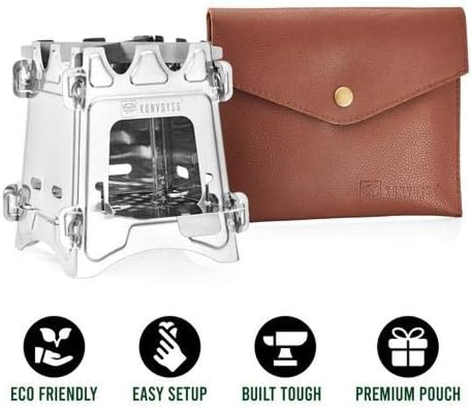Wood Burning, Stainless Steel, Camping Stove.Compact Folding Collapsible and Lightweight. Ideal for Backpacking or Camping with Leather Carry Pouch