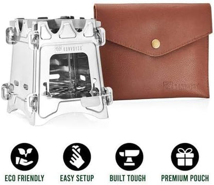 Wood Burning, Stainless Steel, Camping Stove.Compact Folding Collapsible and Lightweight. Ideal for Backpacking or Camping with Leather Carry Pouch