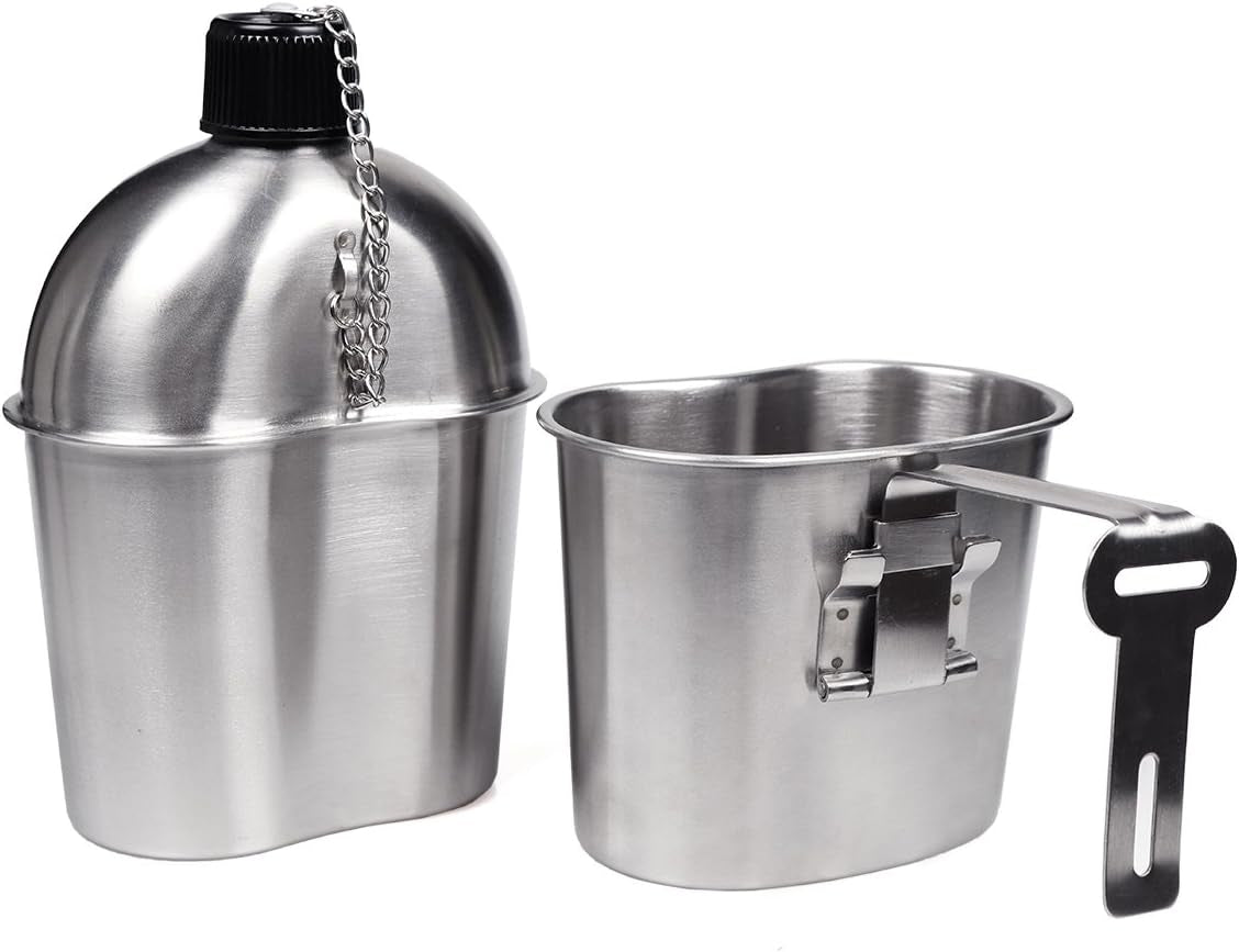 Stainless Steel WWII US Army Canteen Water Bottler Military Canteen Kit 1QT with 0.5QT Cup Nylon Pouch G.I.