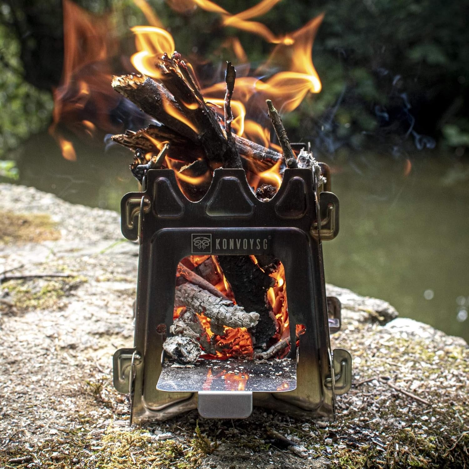 Wood Burning, Stainless Steel, Camping Stove.Compact Folding Collapsible and Lightweight. Ideal for Backpacking or Camping with Leather Carry Pouch