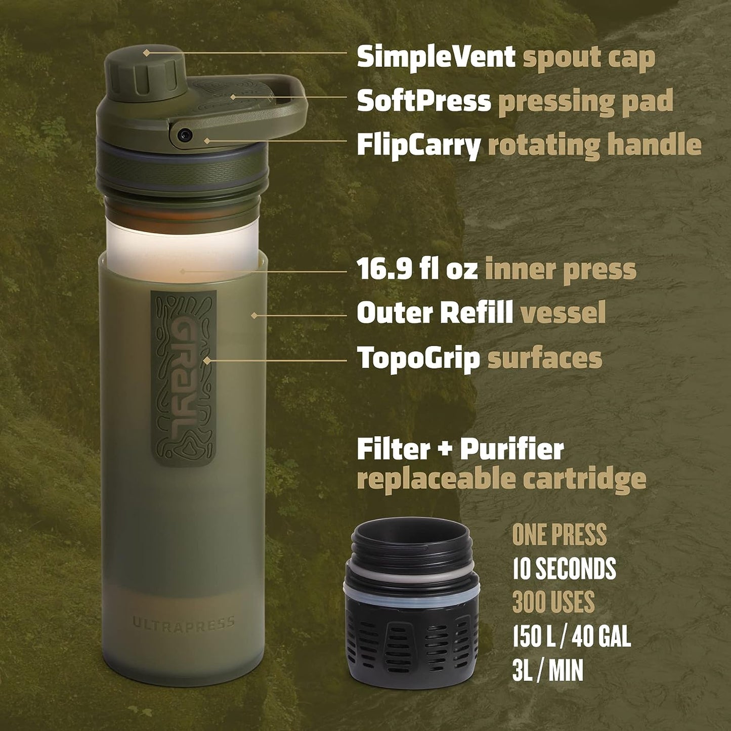 Ultrapress 16.9 Oz Water Purifier & Filter Bottle for Hiking, Backpacking, Survival, Travel
