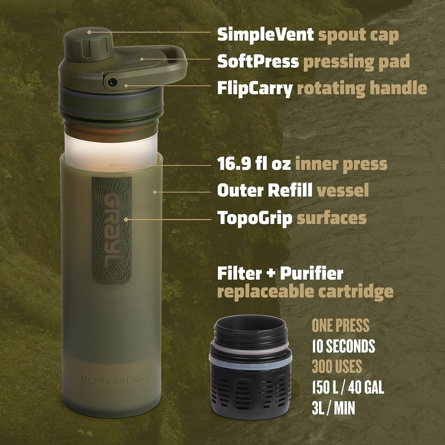 Ultrapress 16.9 Oz Water Purifier & Filter Bottle for Hiking, Backpacking, Survival, Travel