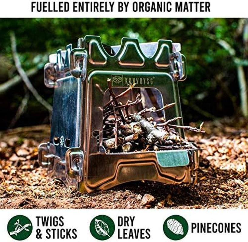 Wood Burning, Stainless Steel, Camping Stove.Compact Folding Collapsible and Lightweight. Ideal for Backpacking or Camping with Leather Carry Pouch